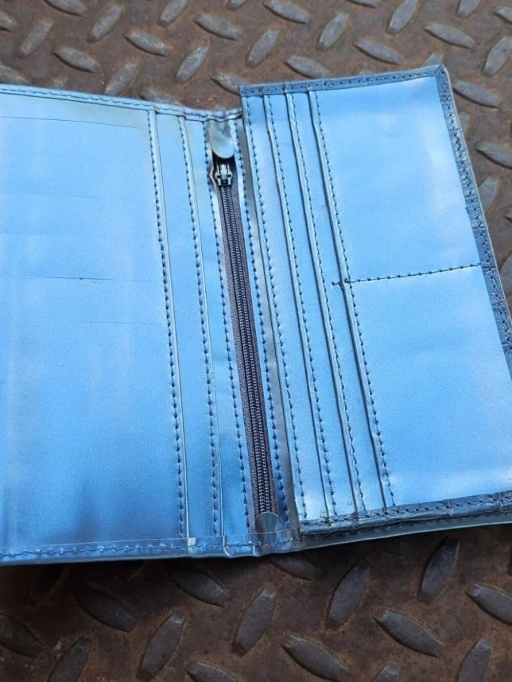 Long Wallet Genuine Leather Grayish Blue Clutch Purse Handmade Card Holder